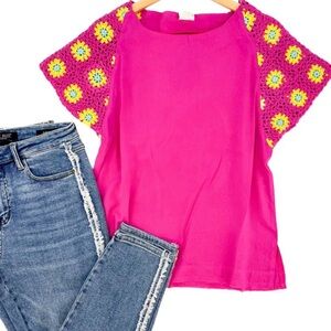BiBi Fuchsia Top with Colorful Crochet Sleeves